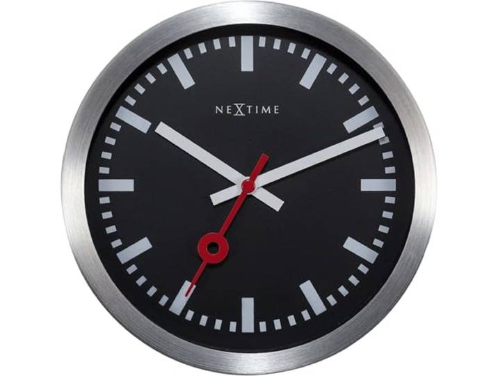 NeXtime Bahnhofsuhr,negativ Ziffernblatt (schwarz), Balken statt Ziffern (weiß), lautlos, Silber, Alu, Glasabdeckung, 19 cm x 3,8 cm, 3998STZW