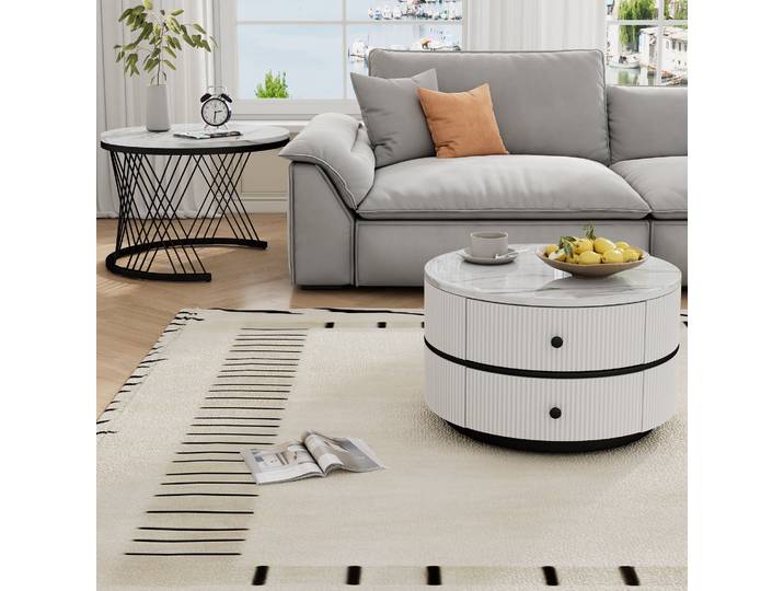Lot De 2 Tables Basses Gigognes Rondes Blanches Effet Marbre Brillant\, Avec Tiroirs\, Tables Salon Modernes Empilables