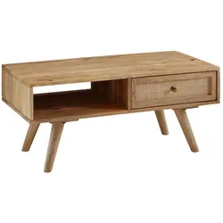FineBuy Couchtisch 90x40x45 cm Massivholz Rattan Wohnzimmertisch Sofatisch Tisch