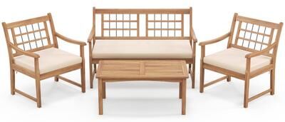 Costway 4 Piece Wood Patio Furniture with Armchairs Loveseat and Coffee Table-Off White