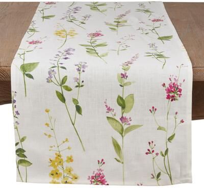 Saro Lifestyle Linen Table Runner With Watercolor Floral Stem Design