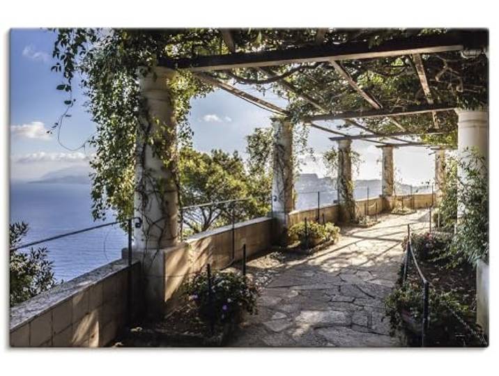 ARTLAND Wanddeko Leinwand Bilder Wandbild 90x60 cm Ausblick Meer Strand Küste Garten Villa Capri Italien U2IS