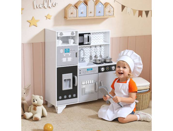 AIYAPLAY Cuisinette Enfant Bois Blanc avec Accessoires Acier