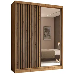KLEIDERSCHRANK mit Spiegel-Schiebetüren und Aluminium-Leisten, LED-Beleuchtung - LAMELO- 160 cm Artisan+Artisan+Schwarz