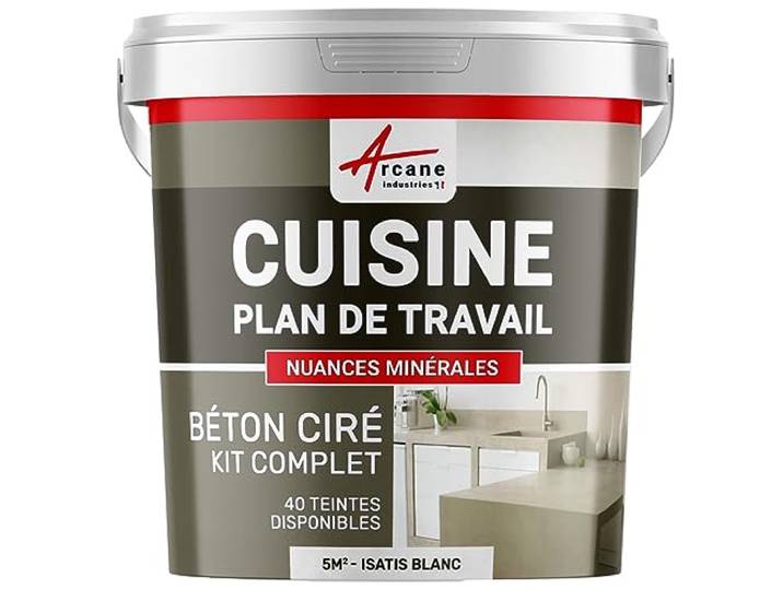Béton Ciré Cuisine Plan de Travail Crédence 5 m² Isatis Blanc Protection Anti-Taches\, Résiste Chaleur et Eau\, Adhérence Tous Supports\, Temps Ouvert jusqu'à 4H - Arcane Industries