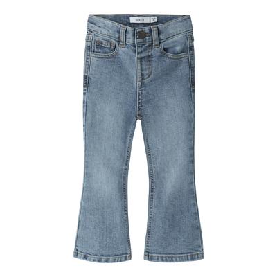 Bootcut-Jeans NAME IT "NMFPOLLY BOOTCUT JEANS 8809-MD TB", Mädchen, Gr. 92, N-Gr, blau (medium blau denim), Denim/Jeans, Obermaterial: 98% Baumwolle, 2% Elasthan, leichte Abriebeffekte, bootcut fit lang, Jeans, Baumwollmischung, bootcut fit