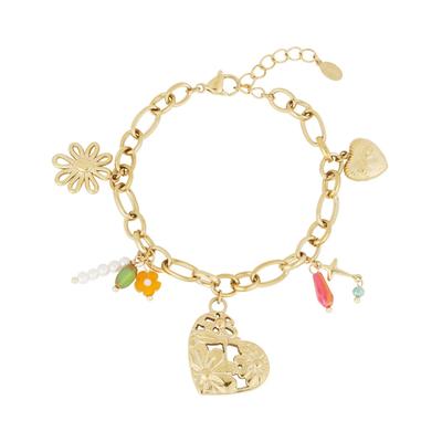 Charm-Armband ADELIA´S "Armband Charmarmband aus Edelstahl mit bunten Anhängern, 16,5 cm", gold (goldfarben), Armbänder, Damen, yehwang_16,5, Stahl, Charm-Armband, trendig mit Blumen-, Herz- und Sternanhängern
