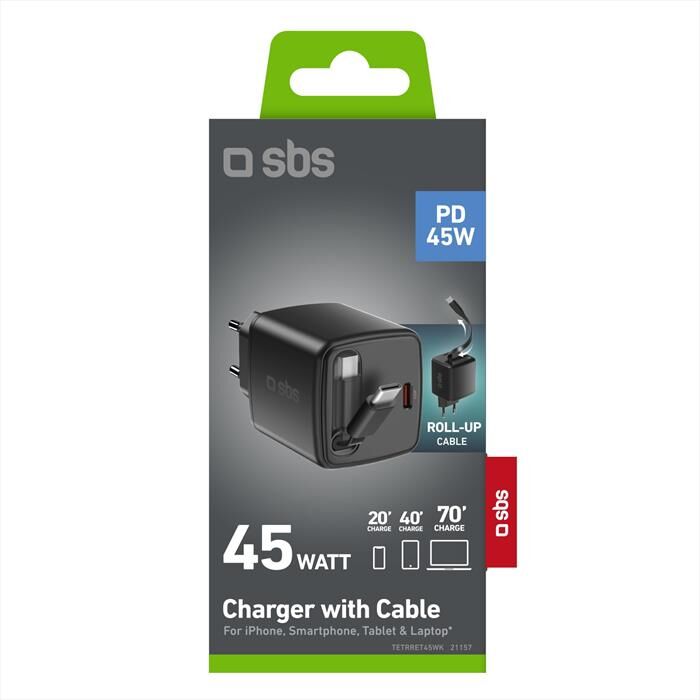SBS Caricabatterie Usb-c + Cavo Integrato, 45w-nera