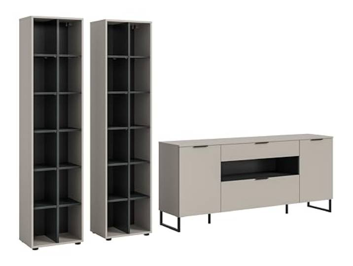 xonox.home – Wohnkombination Noida 305x192x41 cm in Kaschmir Nachbildung und Schwarz – Umfangreiche Wohnwand in modernem Look – perfekt für großzügige Wohnbereiche