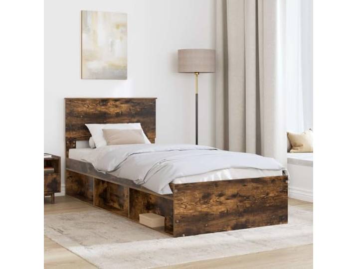 SKTQYQO Bettgestell Eiche Rauchgrau 90 x 190 cm aus mehrschichtigem Holz Kopfteil inklusive, Lattenrost, modernes Design, einfache Reinigung, max. Belastung 100 kg