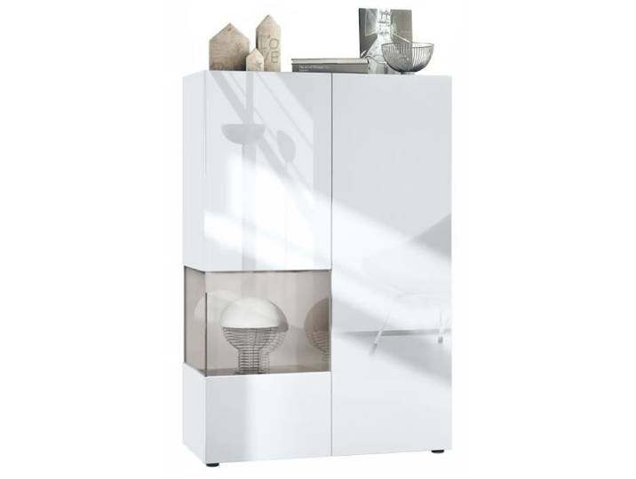 Vladon Vitrine Morena V2 avec 2 portes et insert en verre blanc mat - blanc haute brillance - gris sable haute brillance