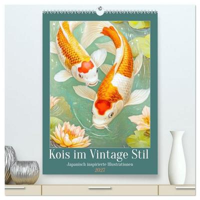 Kois im Vintage Stil - Japanisch inspirierte Illustrationen (hochwertiger Premium Wandkalender 2027 DIN A2 hoch), Kunstdruck in Hochglanz