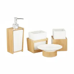 Relaxdays Badezimmer Set, 4-teiliges Badzubehör aus Keramik und Bambus, Seifenspender und Zahnputzbecher, natur-weiß