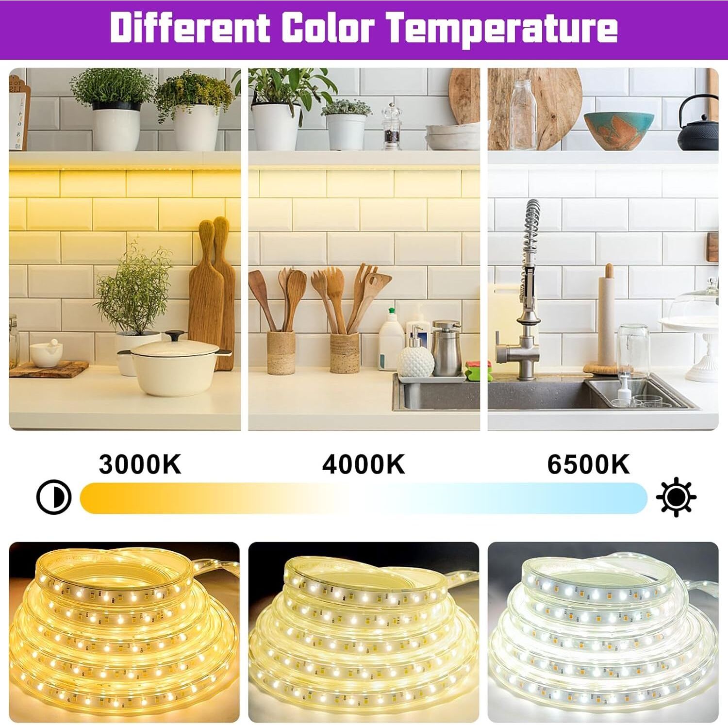 LED Strip Lights 20 M High-Brightness Dimmable IP65 Waterproof 3000K/6500K Color Temperature with 3 Colors