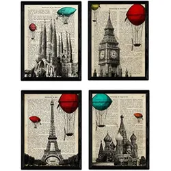 POSTER Set mit 4 Enzyklopädie Jahrgang London, Barcelona, Moskothek, Paris A4 Rahmenlos