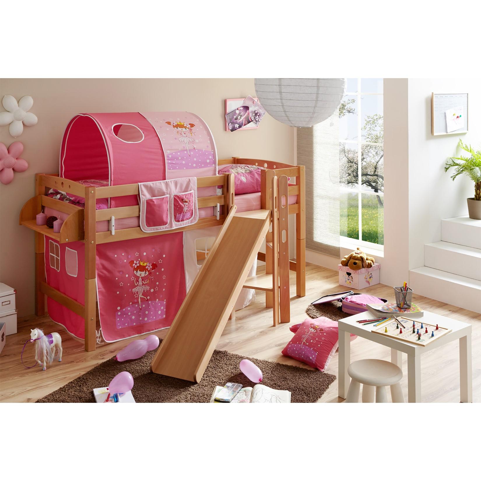 TiCAA Hochbett mit Rutsche Podestbett "Tino" Buche Natur Motiv, teilbar mit Farbauswahl