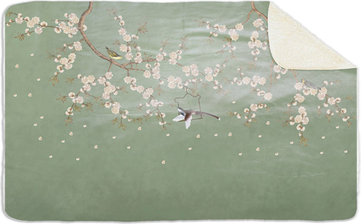 Maplusbelle Fleecedeken met vogel en bloemenprint, Polyester Sherpa, 96 x 146 cm