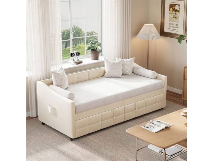 Lit Banquette Gigogne 90x200cm & 90x190cm - poches latérales - Sommiers à Lattes - Sans matelas - Crème