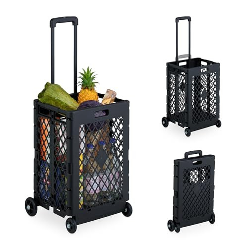 Relaxdays opvouwbare boodschappentrolley met wielen, zwart