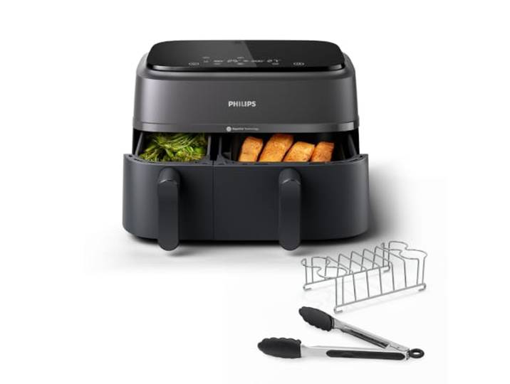 Philips Airfryer Dual Basket 3000 Serie Heißluftfritteuse, Schwarz, 9 L 2 Körbe, RapidAir Plus Technologie, Touchscreen, 12 Kochfunktionen, HomeID App inkl. Frühstücks-Set (NA350/03)