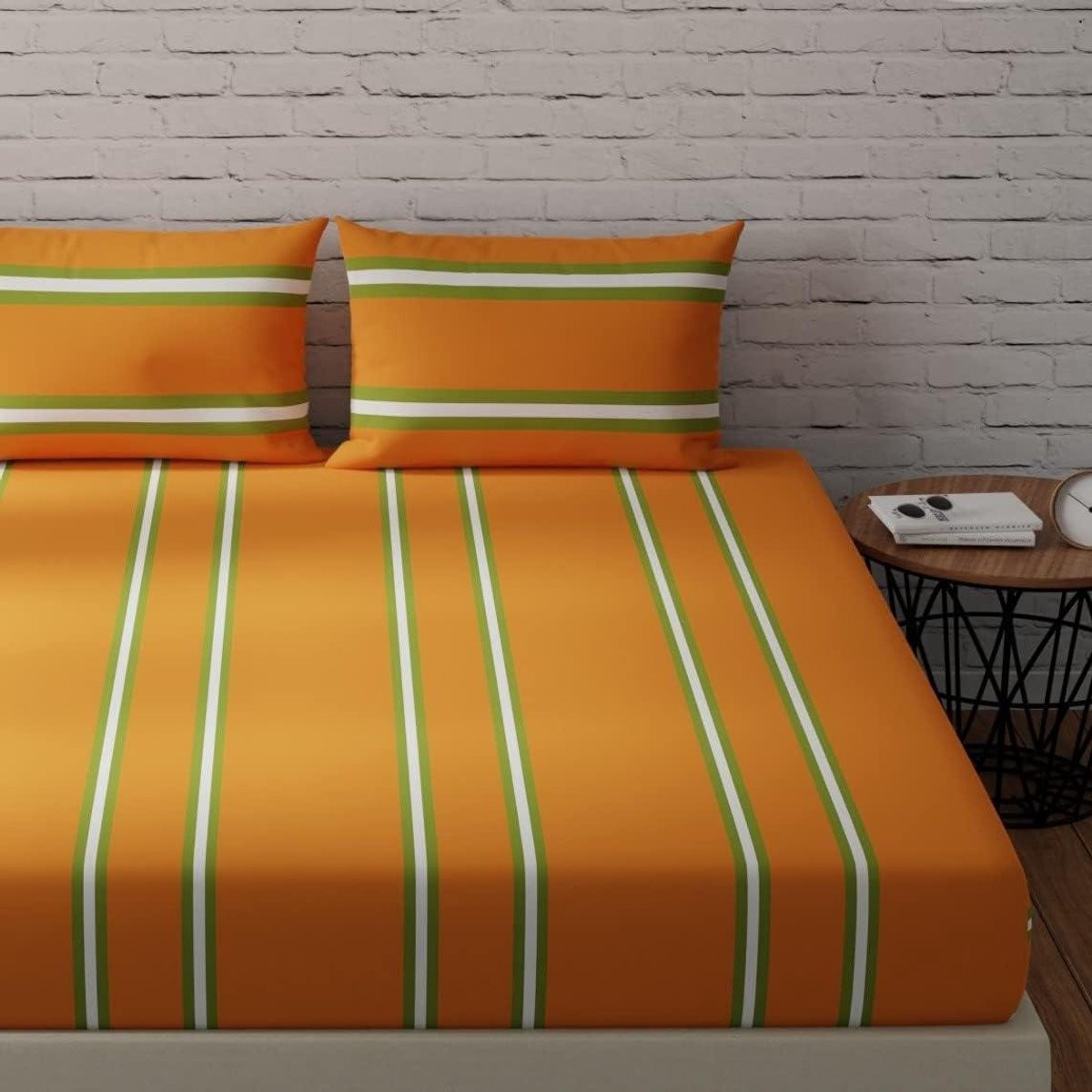 Katoenen Tweepersoons Laken Set - Oranje Groen Gestreept - Ademend Beddengoed