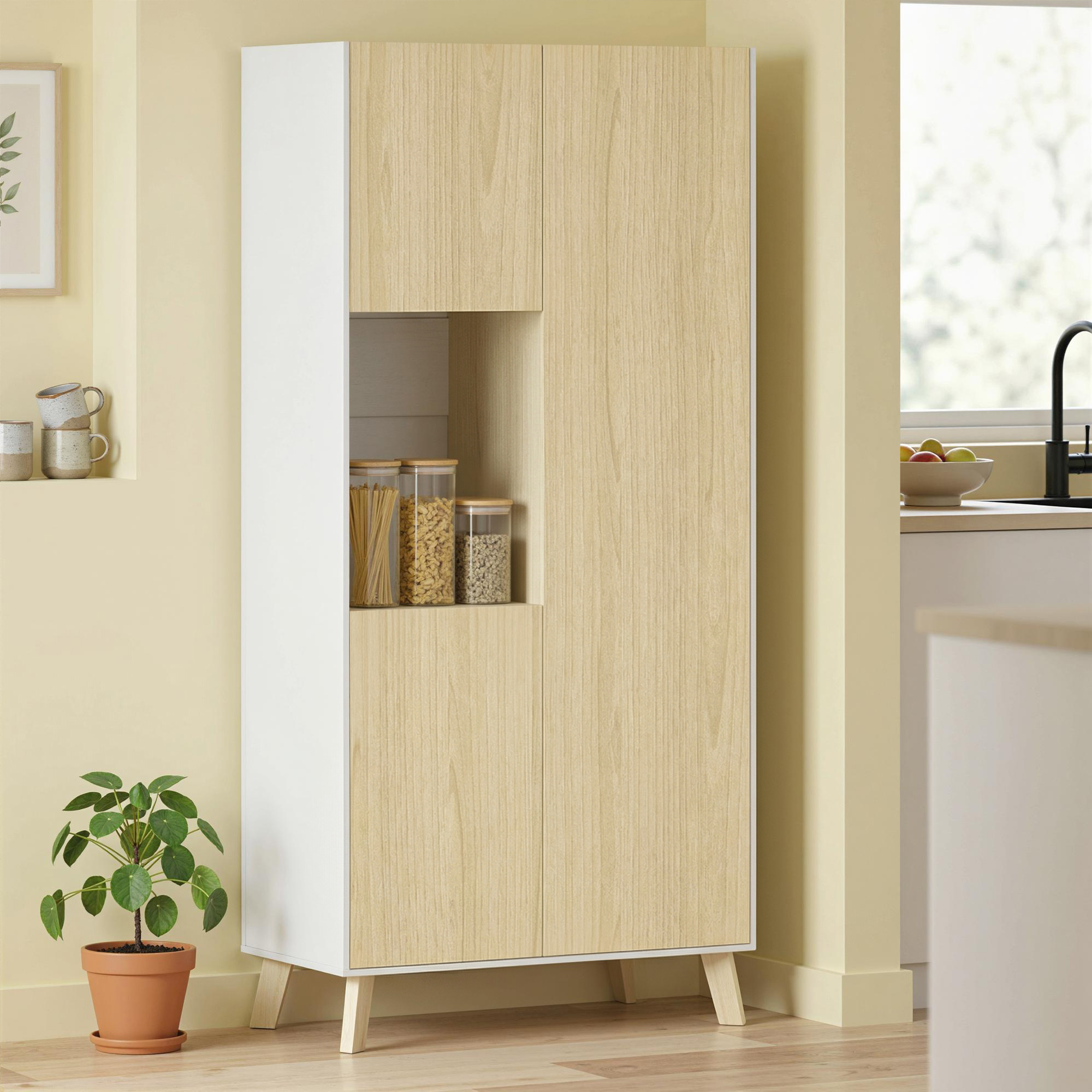 Homcom Armadio cucina 170 cm con vano aperto e ripiani regolabili, Legno naturale   Aosom Italy