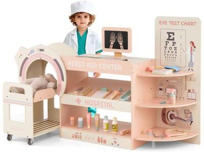 Costway Kids Doctor Play Set Wooden Pretend Hospital Office Kit with Eye Chart Toy CT Machine-Pink