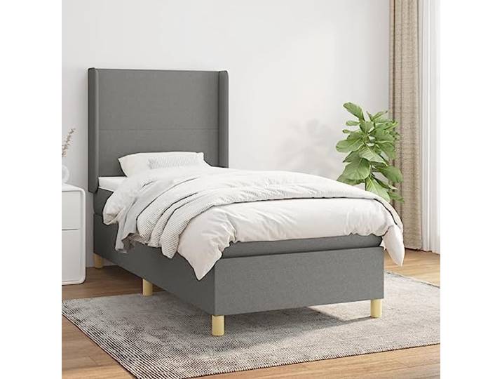 RJPLMFV Lattenrost und Matratze, Dunkelgrau, 90 x 190 cm, Stoff Kopfteil verstellbar, Taschenfedern, mittelharte Unterstützung, weicher Matratzenschoner, inkl. Anleitung