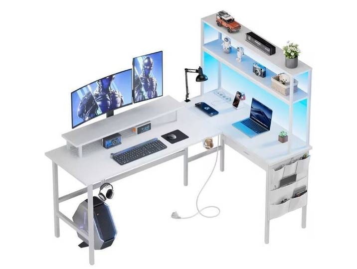 Bureau Gaming d'angle 170 x 100 cm Bureau Gaming en L avec LED Etagères de Rangement et Sacs Blanc