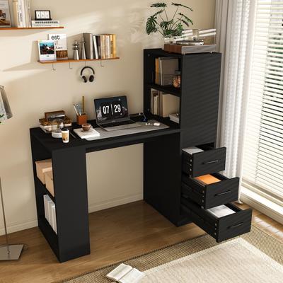 Aura Black Computer Desk with 3 Drawers, Home Office Writing Desk with 4-in-1 Power Outlet