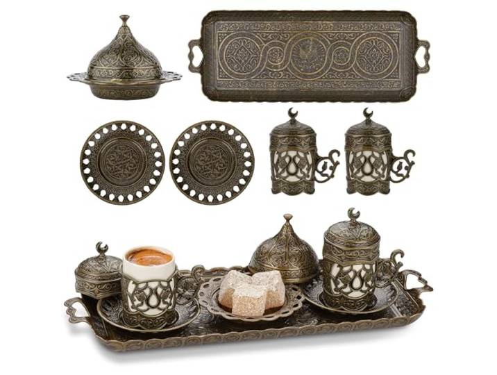 Alisveristime Ottoman Türkisch Griechisch Arabisch Espresso Kaffeetassen mit Untertasse und Deckel (2er Set) (Hilal) (AutenticGreen)