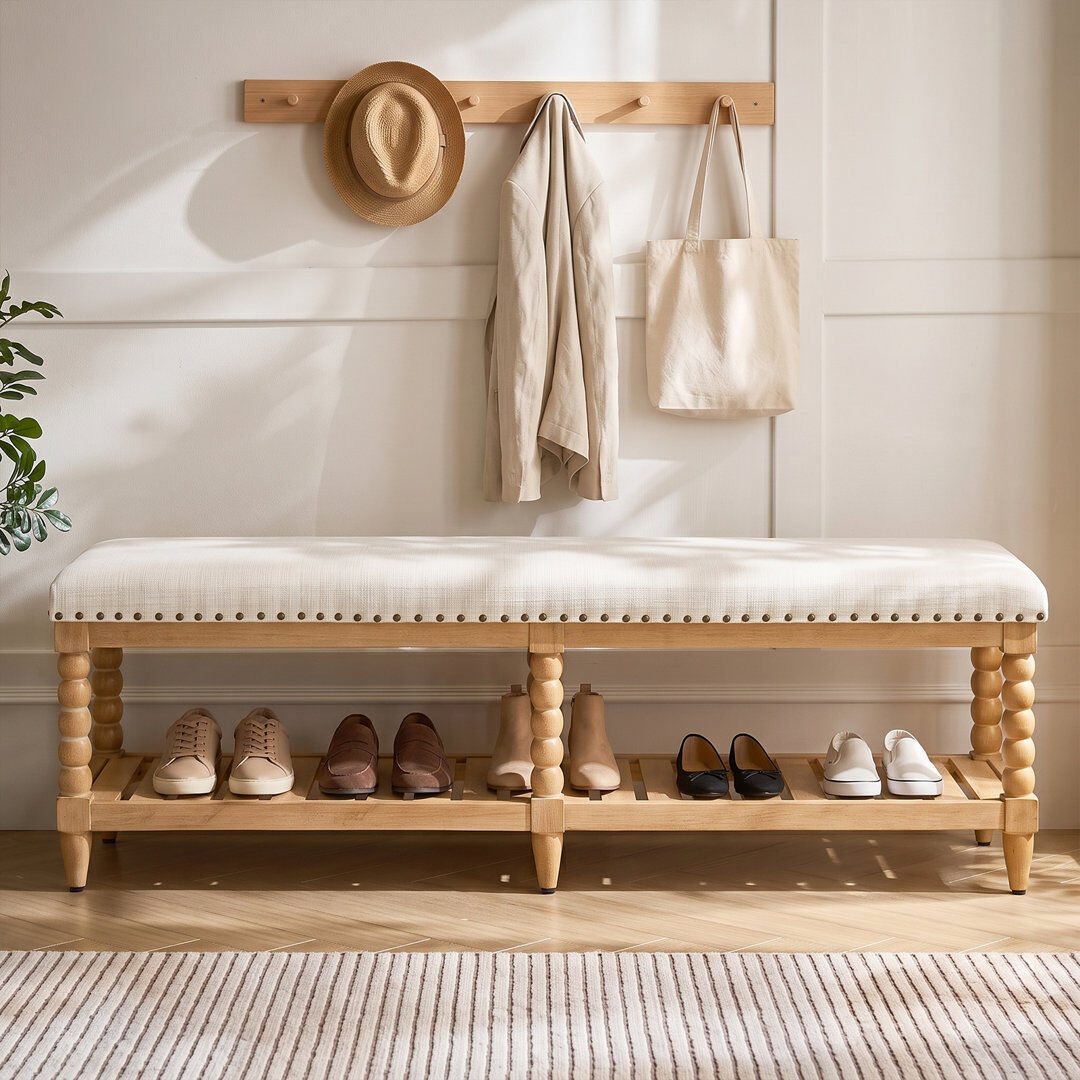 Lily Manor Delfina Farmhouse Solid Wood Open Storage Bench With Nailhead Trim Ivory 48.26cm H X 147.32cm W X 41.27cm D