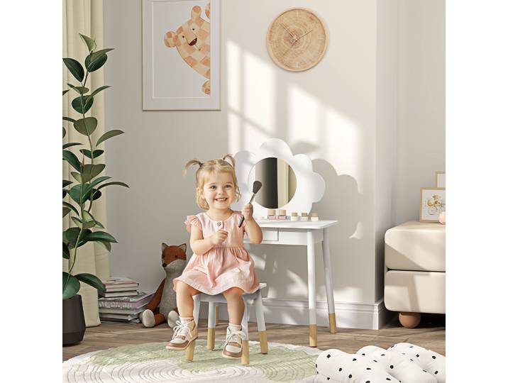 AIYAPLAY Coiffeuse Enfant 2 Pièces avec Tabouret et Miroir Blanc