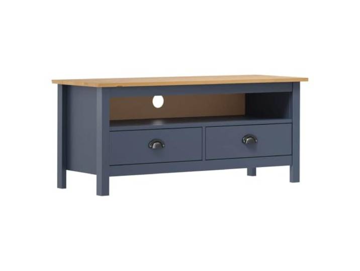 KGFHERENB Lowboard TV-Schrank Kiefer Massivholz 110x40x47 cm Grau Rustikales Stauraum-Möbel fürs Wohnzimmer mit zwei Schubladen und offenem Fach für Receiver und Dekoration.
