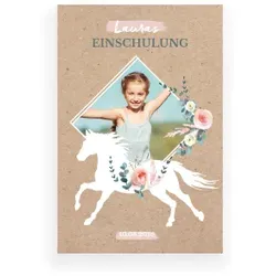Einladungskarte Einschulung: Blumenpferd mit Foto in Kraft Look