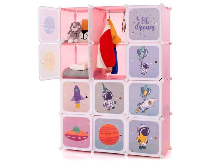 GOPLUS Armoire Penderie Modulable Enfants 12 Cubes 35x35x35CM avec Barre de Suspension Motifs d'Espace Mignons Rose