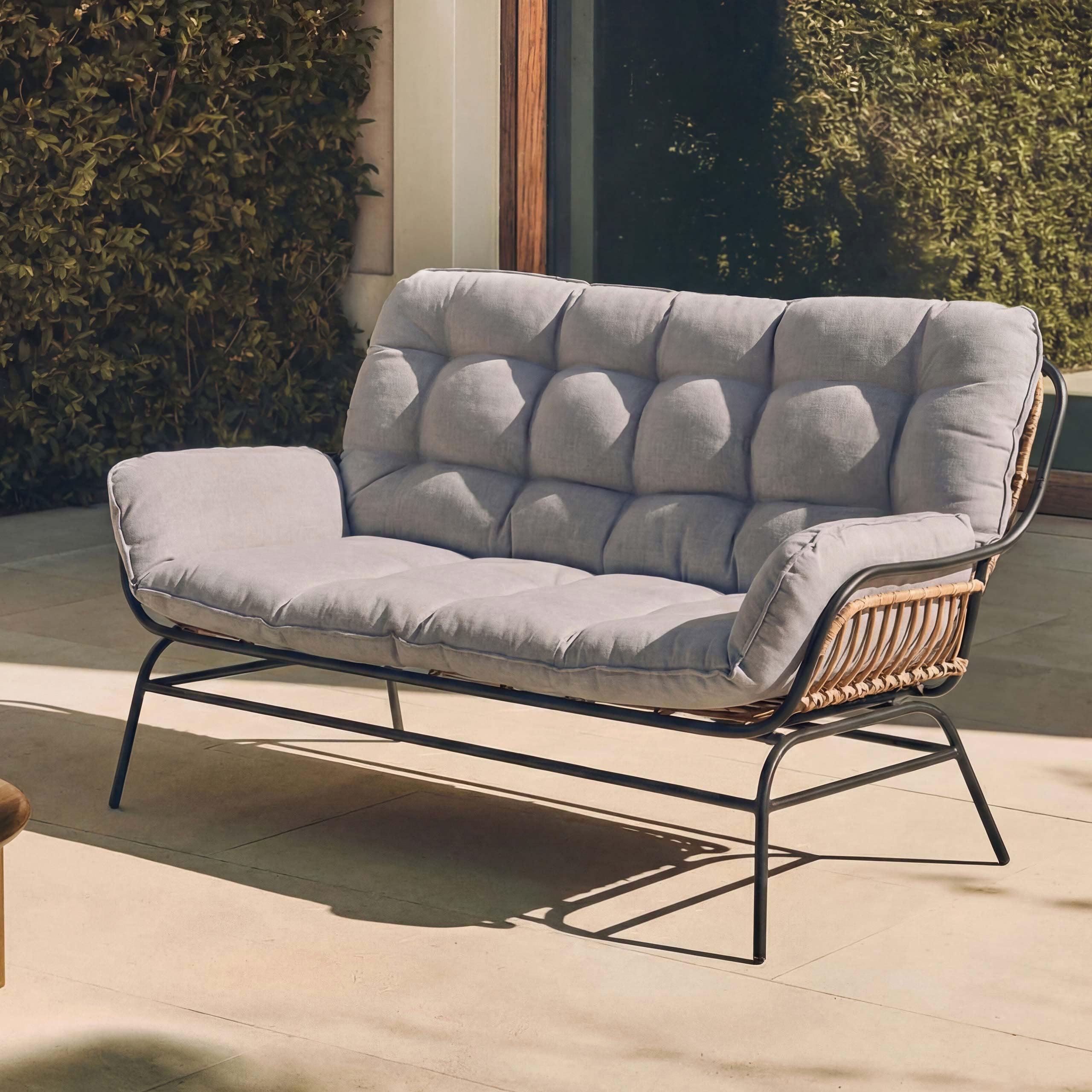 2er-Sofa MCW-P75, Gartensofa Gartenbank Couch 2-Sitzer, Stoff 220g/m² Poly-Rattan Metall dunkelgrau, Polster hellgrau