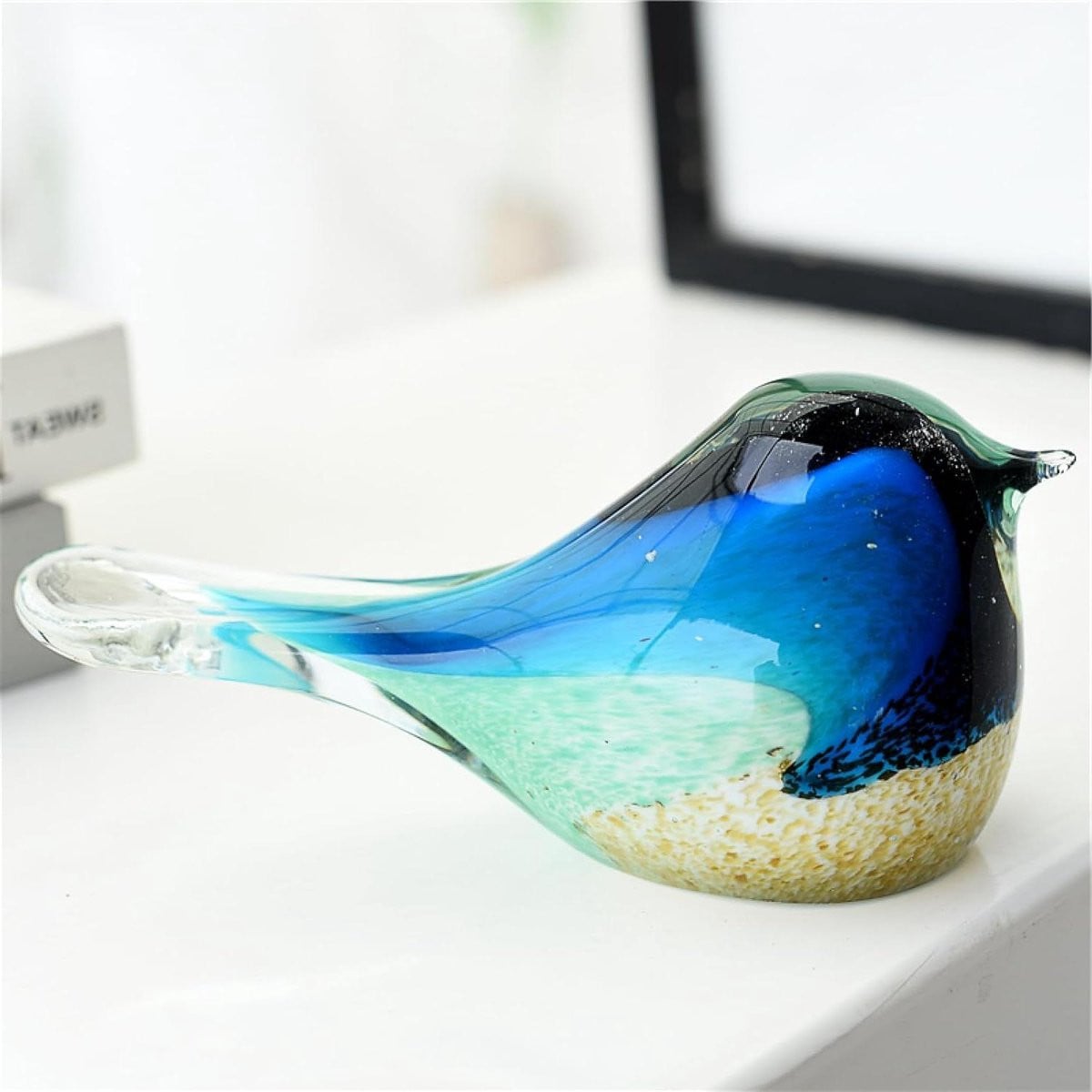 Handgeblazen Glazen Vogel Beeldje in het Blauw, 18 cm Hoog