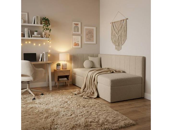 BEAUTYSOFA Eckbett 90x200cm RAFI Jugendbett mit Bettkasten & Topper – Bett aus Bouclé Hellbronze, flexibel montierbar für Kinder- und Jugendzimmer