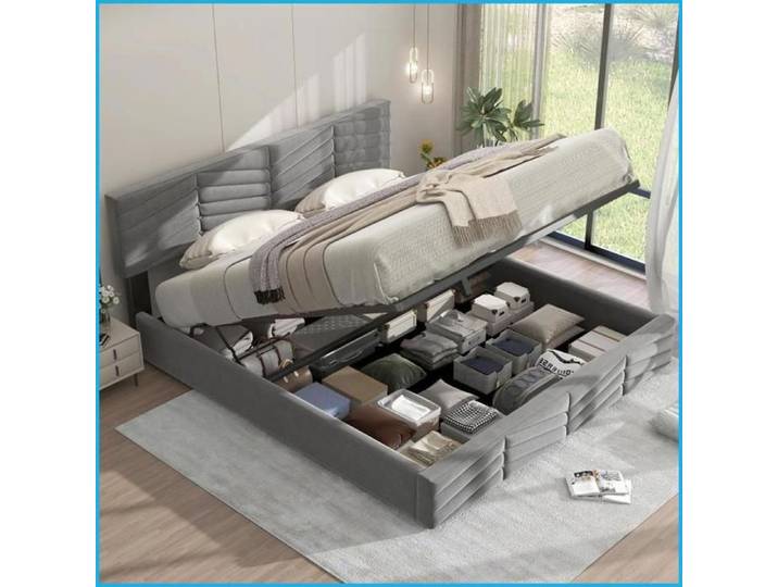 Bett Continental en Velours - Rangement Hydraulique - Tête Réglable - Design Rayé - 160x200 cm - Gris