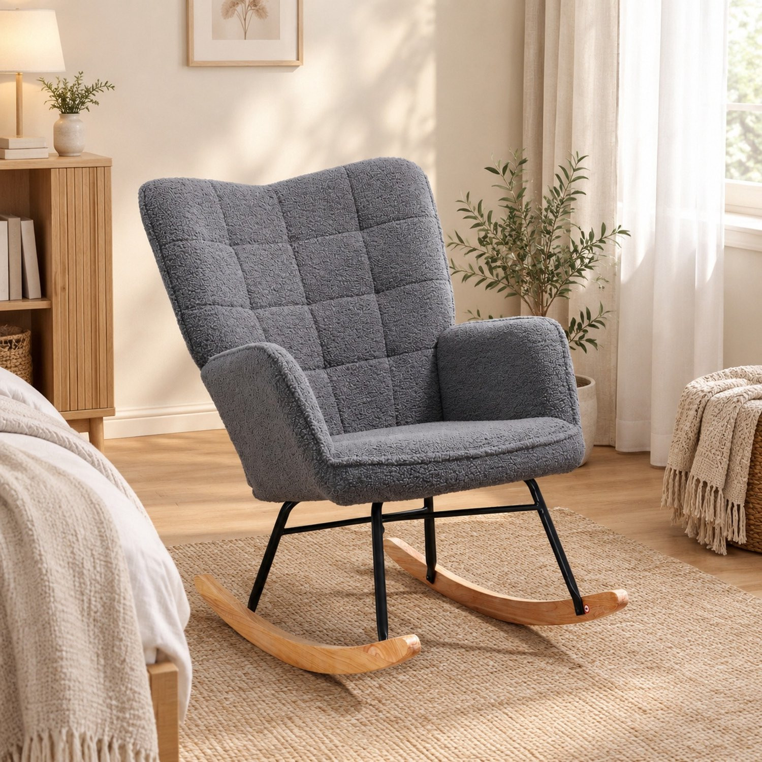 CHICFURN Schommelstoel met zachte bekleding en houten onderstel - Donkergrijs