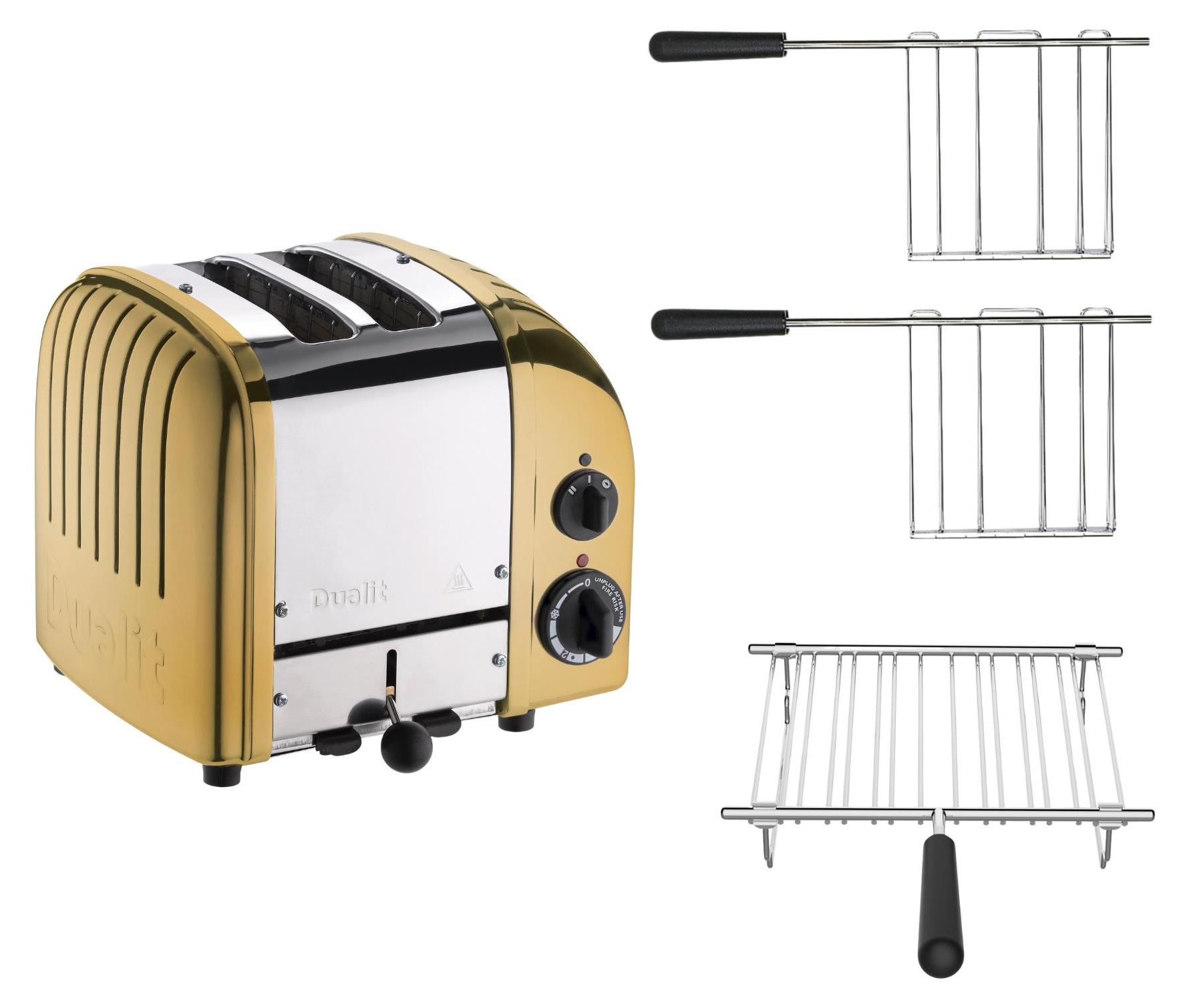 Dualit Toaster Paket 3, 2er Toaster mit Brötchenaufsatz und zwei Sandwichzangen Gold