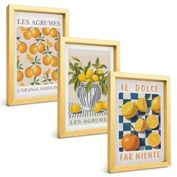 BILDER SET 3er Set - 20x30 cm Goldrahmen - Retro gelbe Zitrusfrüchte