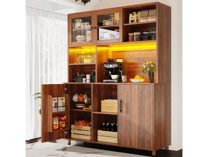 Armoire haute de salon PINGGO avec étagère à collations, armoire de cuisine, armoire de salle à manger de style rétro, armoire avec éclairage LED