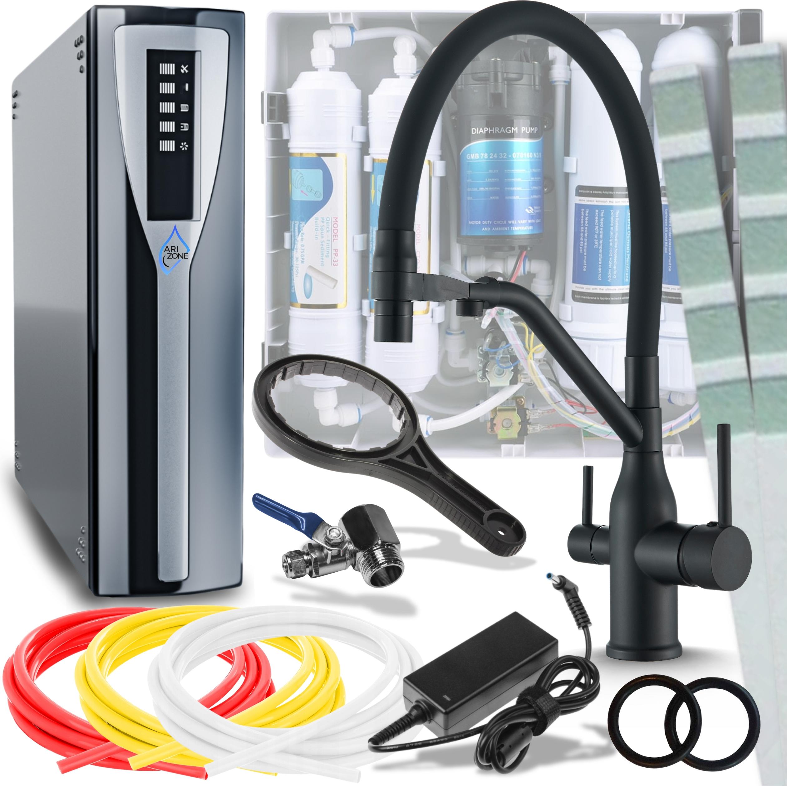 Wasserfilter Set Magneto mit 3-Wege Küchenarmatur Schwarz Matt, ausziehbare Brause, 360° schwenkbar, Wasserfilter-Anschluss