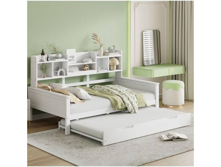 Lit gigogne 90 x 200 cm blanc avec lit inférieur 90 x 190 cm et rangement