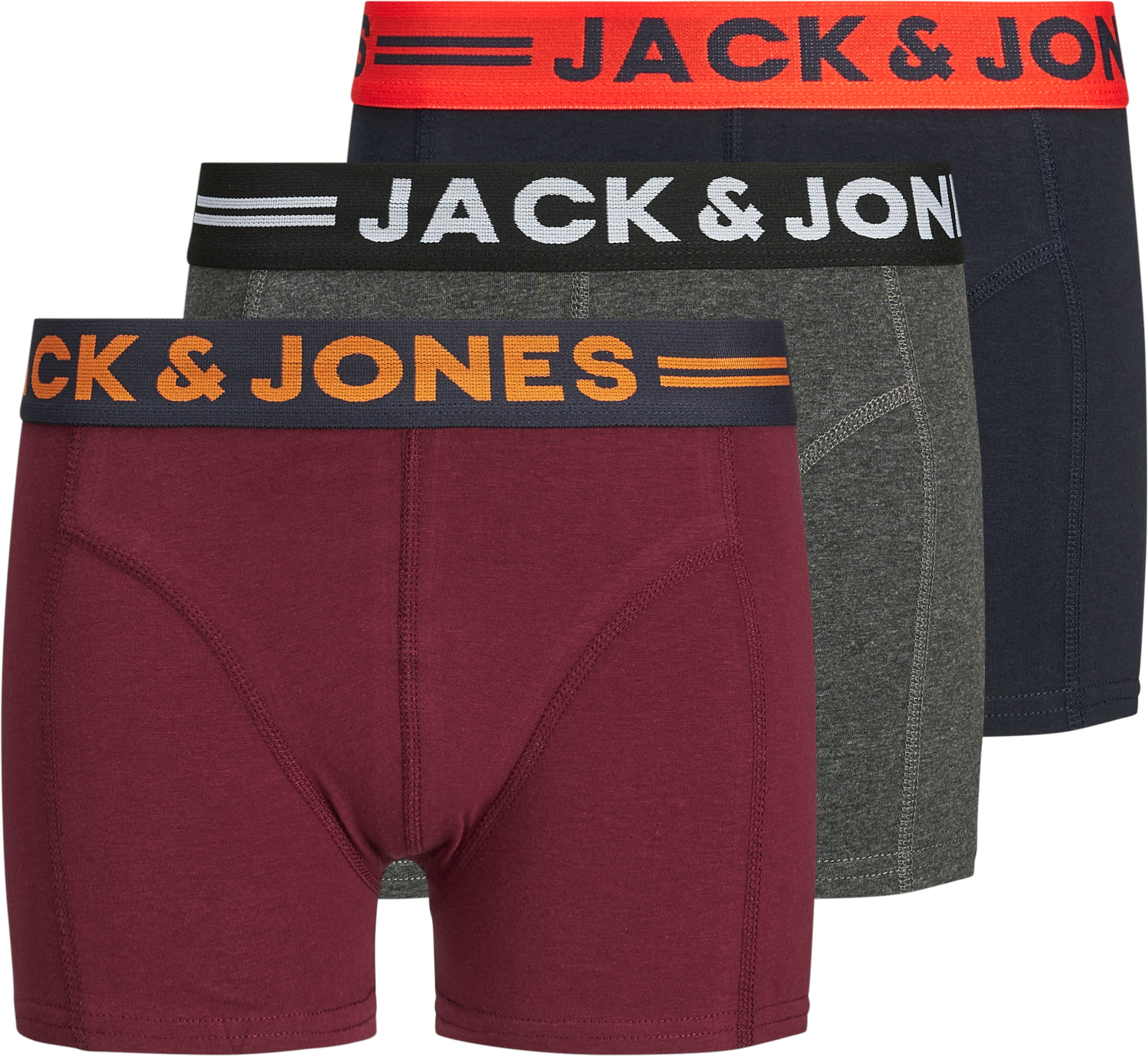 Trunk JACK & JONES JUNIOR "JACLICHFIELD eng anliegend, mit Stretchbund", Jungen, Gr. 152, 3 Stk., grau (dunkelgrau melange), Jersey, Obermaterial: 95% Baumwolle, 5% Elasthan, unifarben, eng, Unterhosen Trunk, unifarben, casual, eng, Jersey, Rundhals dunke