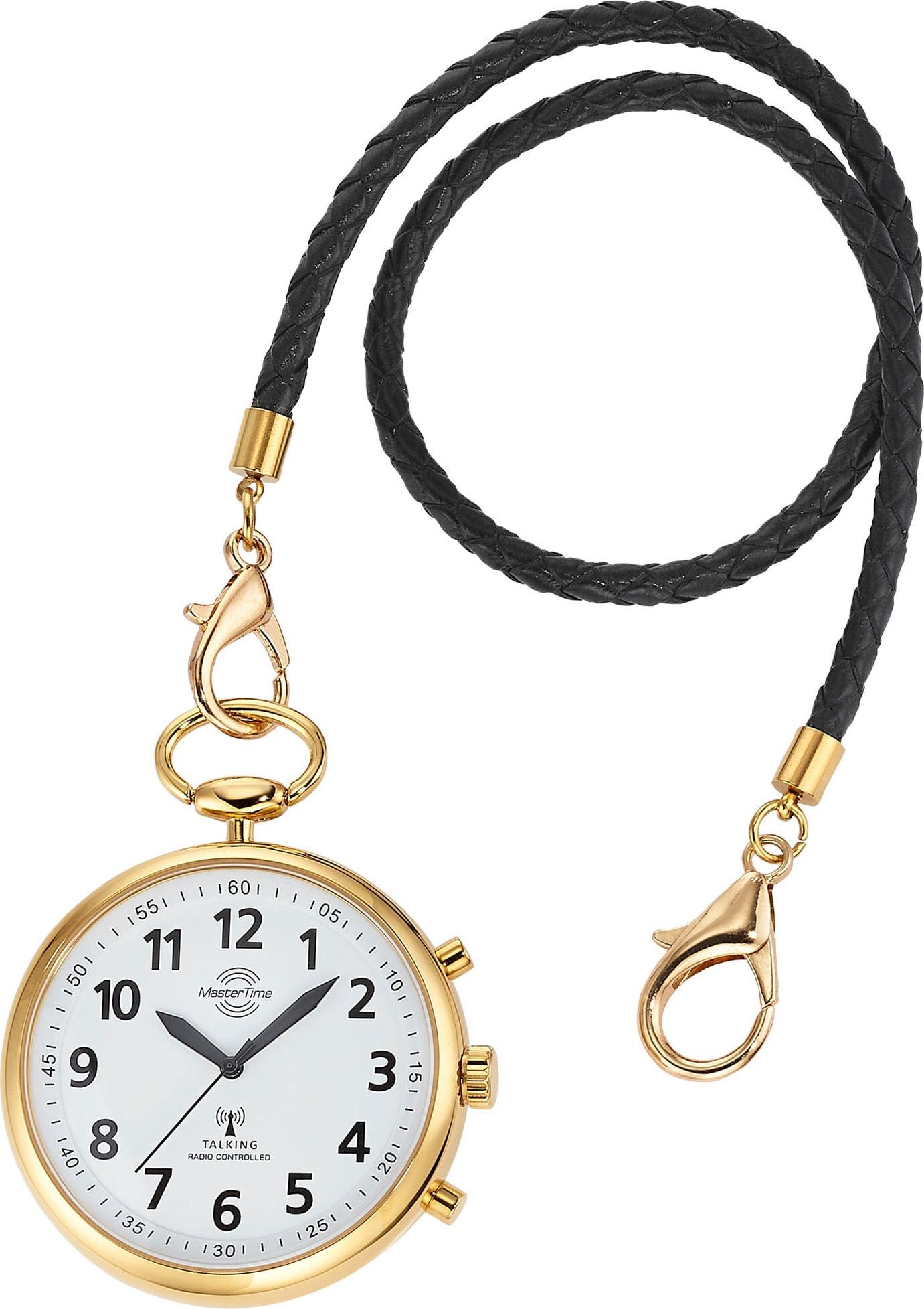 Taschenuhr MASTER TIME "Sprechende Taschenuhr", gold (goldfarben), Taschenuhren, Damen, Taschenuhr, sprechende Funkuhr, Quarzuhr, Status Funkempfang, 4 Alarmzeiten
