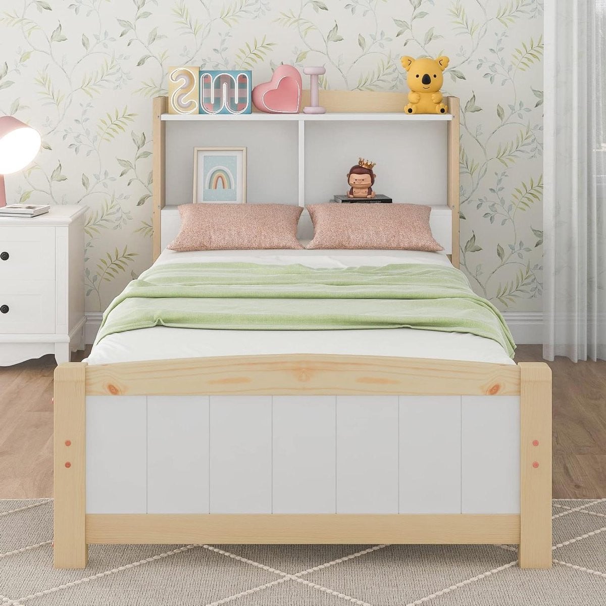 Massief Houten Eenpersoonsbed met Boekenkast en Bedside Shelf, 90 x 200 cm