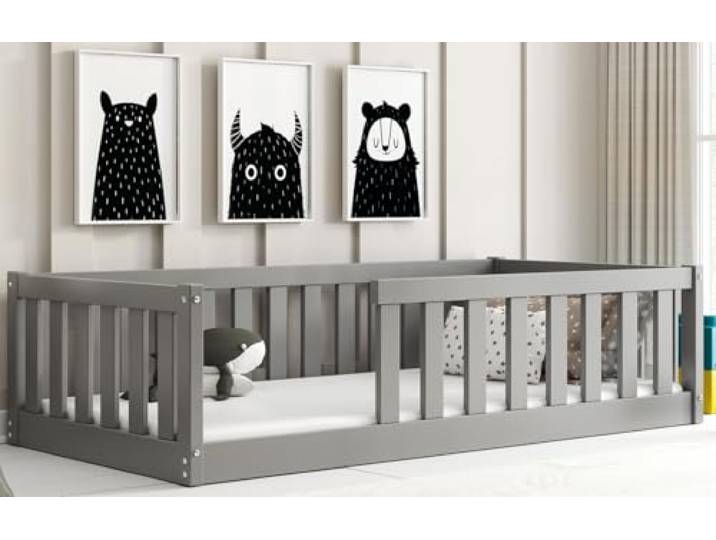 Interbeds Kinderbett Bella 80x160 mit Rausfallschutz & Lattenrost Bodenbett aus Holz Einzelbett Montessori Bed Gitterbett Kleinkindbett bis 120 kg Kiefer Holz massiv Junge Mädchen (Grau, 160x80)